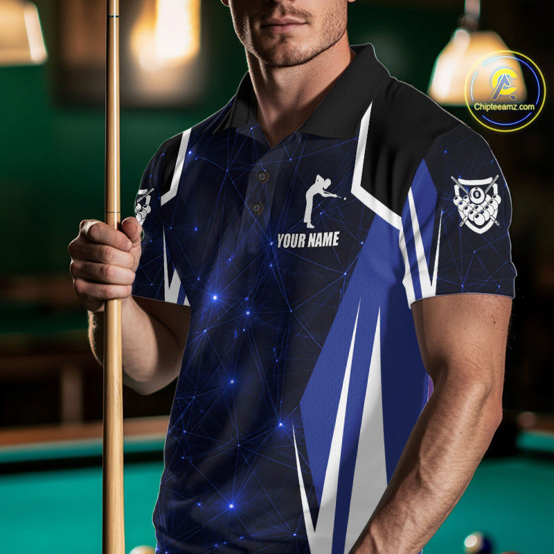 Custom 8 Ball Pool Billiard Shirt For Men, Blue Geometric Billiard Team Jersey Polo & 1/4 Zip TDM6130