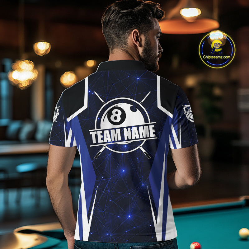 Custom 8 Ball Pool Billiard Shirt For Men, Blue Geometric Billiard Team Jersey Polo & 1/4 Zip TDM6130