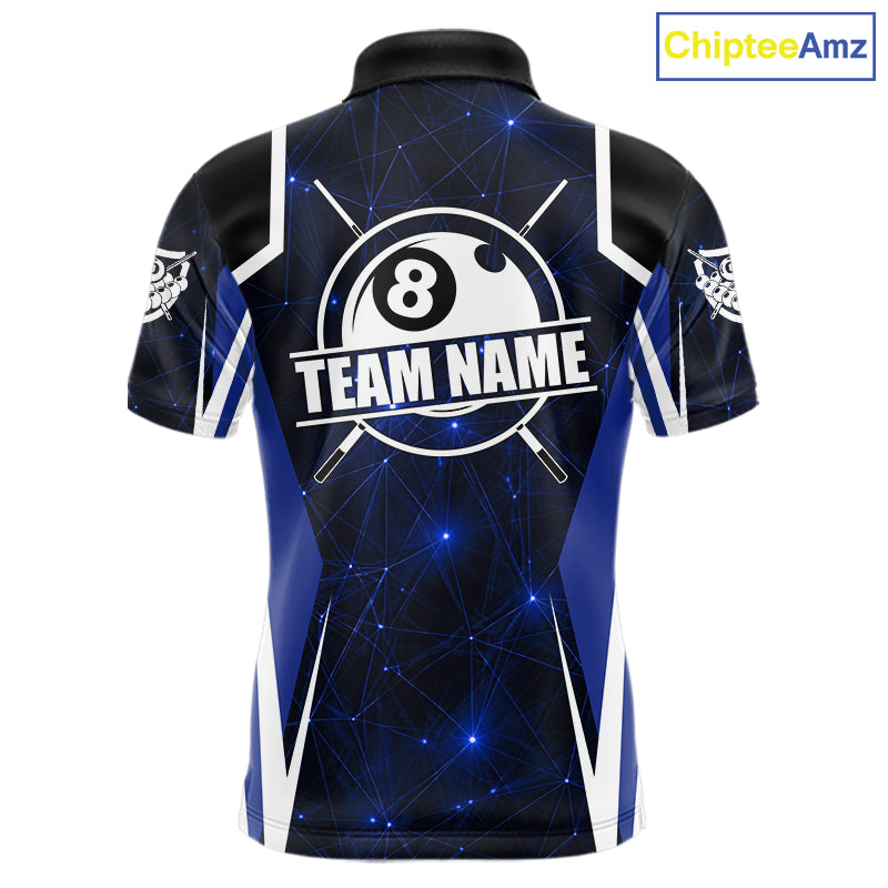 Custom 8 Ball Pool Billiard Shirt For Men, Blue Geometric Billiard Team Jersey Polo & 1/4 Zip TDM6130