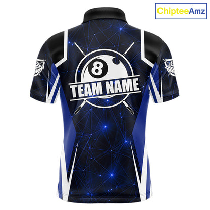 Custom 8 Ball Pool Billiard Shirt For Men, Blue Geometric Billiard Team Jersey Polo & 1/4 Zip TDM6130