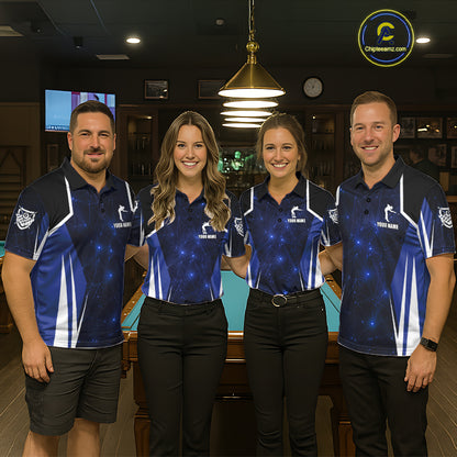 Custom 8 Ball Pool Billiard Shirt For Women, Blue Geometric Billiard Team Jersey Polo & 1/4 Zip TDM6130