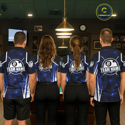 Custom 8 Ball Pool Billiard Shirt For Women, Blue Geometric Billiard Team Jersey Polo & 1/4 Zip TDM6130