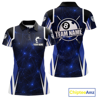 Custom 8 Ball Pool Billiard Shirt For Women, Blue Geometric Billiard Team Jersey Polo & 1/4 Zip TDM6130