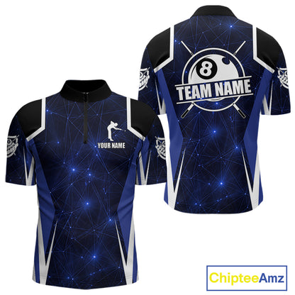 Custom 8 Ball Pool Billiard Shirt For Men, Blue Geometric Billiard Team Jersey Polo & 1/4 Zip TDM6130