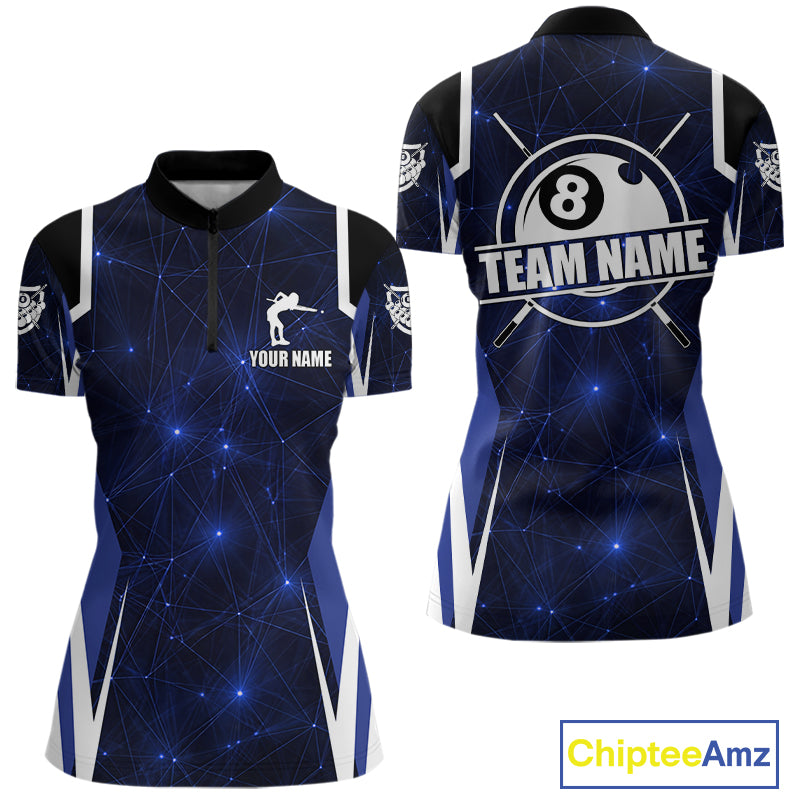 Custom 8 Ball Pool Billiard Shirt For Women, Blue Geometric Billiard Team Jersey Polo & 1/4 Zip TDM6130