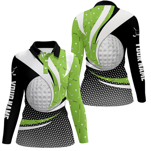 Black Green Golf Pattern Womens Golf Polo Shirts Custom Golf Balls Golf Outfit For Ladies, Golf Gifts TDM1852