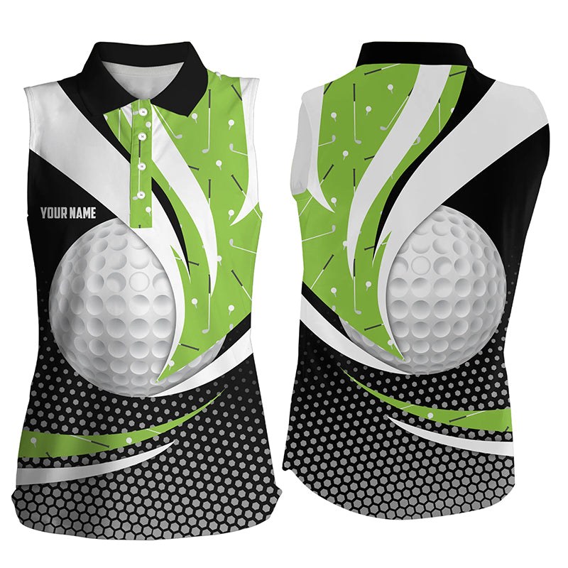 Black Green Golf Pattern Womens Sleeveless Polo Shirts Custom Golf Balls Golf Outfit For Ladies TDM1852