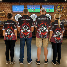 Load image into Gallery viewer, Back view of darts players wearing matching red flaming silver darts shirts.