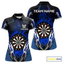 Load image into Gallery viewer, Blue flaming silver darts polo shirt for women with custom darts team graphics.
