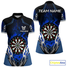 Load image into Gallery viewer, Blue flaming silver darts quarter zip shirt for women designed for league tournaments and team events.