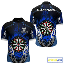 Load image into Gallery viewer, Blue flaming silver darts quarter zip shirt for men designed for league tournaments and team events.