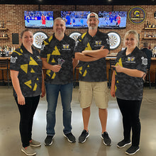 Load image into Gallery viewer, Darts team wearing matching darts and beer darts jerseys during league competition front view.