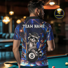 Load image into Gallery viewer, Back view of man wearing a funny raccoon crystal 8 ball pool shirt in a billiards hall.