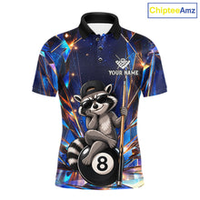Load image into Gallery viewer, Funny raccoon crystal 8 ball billiard polo shirt for men with custom pool team graphics.