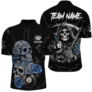 Personalized Funny Blue Skull Roses 8 Ball Billiard Shirts For Men Custom Pool Team Shirts Designs TDM2067