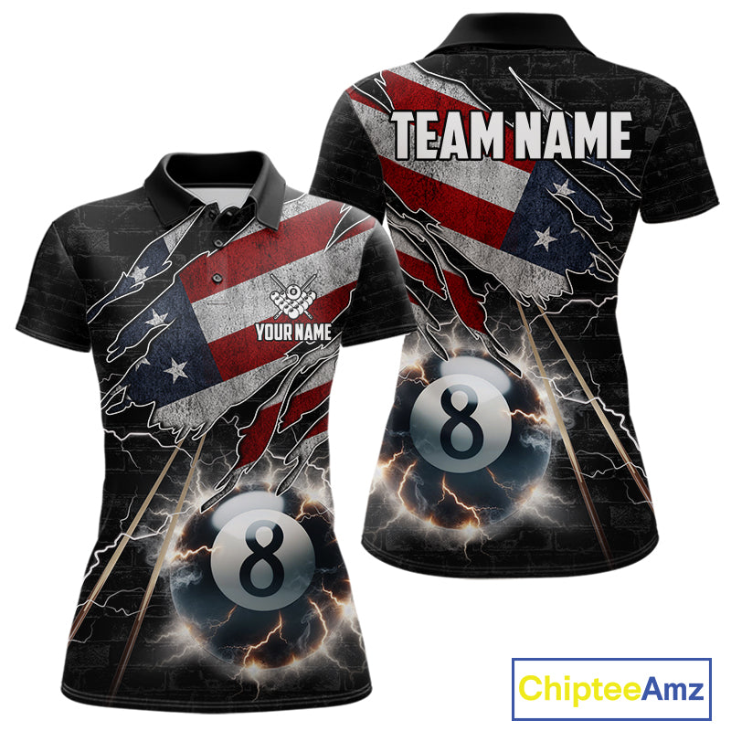Custom American Flag Lightning 8 Ball Pool Polo Shirt Designed for Personalized Patriotic Billiard Team Jerseys with Bold Athletic Performance Style