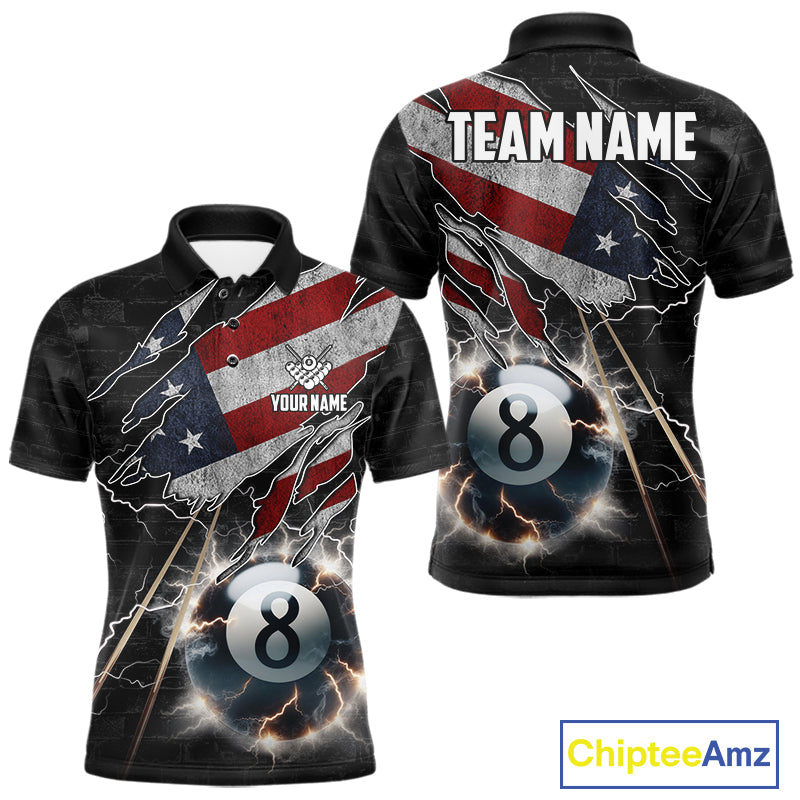 Custom American Flag Lightning 8 Ball Pool Polo Shirt Designed for Personalized Patriotic Billiard Team Jerseys with Bold Athletic Style