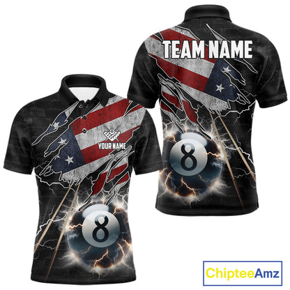 Custom American Flag Lightning 8 Ball Pool Polo Shirt Designed for Personalized Patriotic Billiard Team Jerseys with Bold Athletic Style