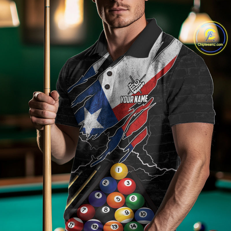 Man Wearing Personalized Texas Flag 8 Ball Billiard Polo Shirt with Athletic Fit and Patriotic Custom Graphic Design, Front View