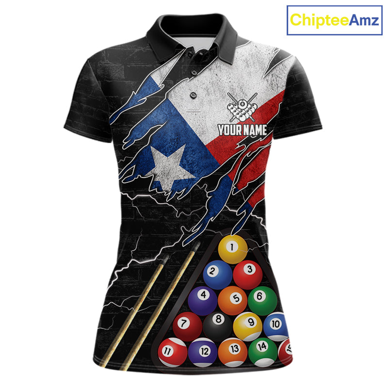 Personalized Texas Flag 8 Ball Billiard Pool Polo Shirt Featuring a Patriotic Custom Design for Pool League Players, Team Competition, and Tournament Events