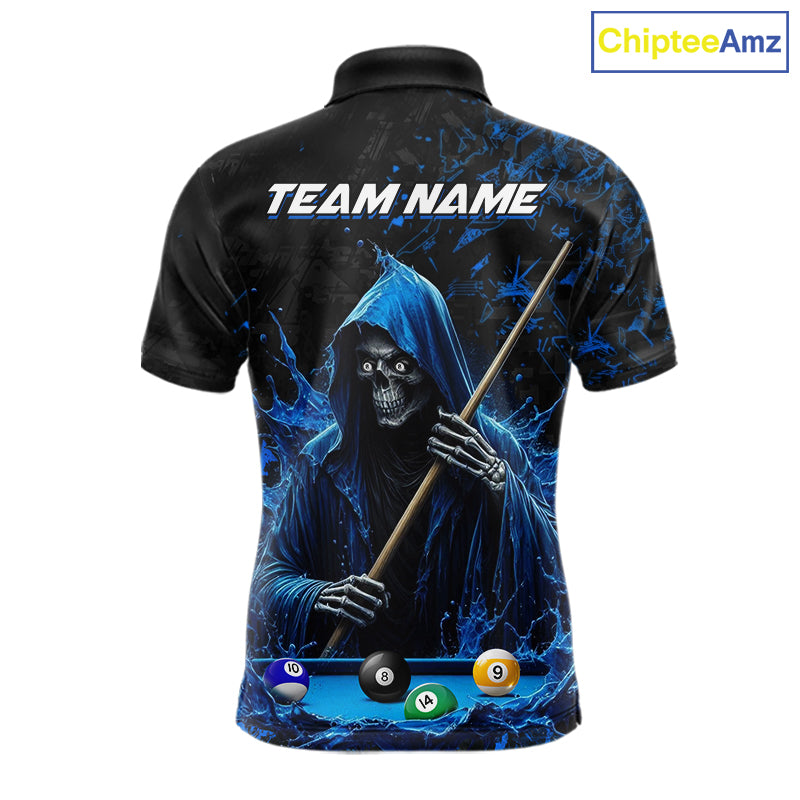 Custom Blue Grim Reaper 8 Ball 9 Ball Pool Polo Shirt Designed for Personalized Billiard Team Jerseys with Premium Athletic Style for League Play
