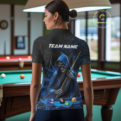 Woman Wearing Personalized Blue Grim Reaper 8 Ball 9 Ball Custom Pool Team Jersey Featuring the Complete Rear Graphic Design, Back View