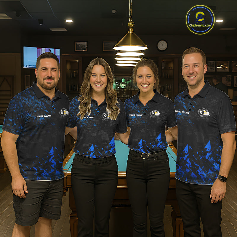 Pool Team Wearing Personalized Blue Grim Reaper 8 Ball 9 Ball Billiard League Jerseys During Tournament Matches and League Competition, Front View
