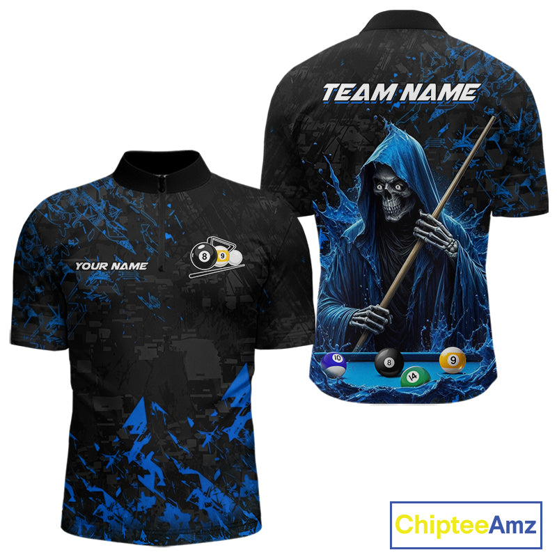 Personalized Blue Grim Reaper 8 Ball 9 Ball Quarter Zip Billiard Shirt Created for Pool League Teams with Performance Fabric and Custom Jersey Design