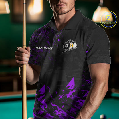 Man Wearing Personalized Purple Grim Reaper 8 Ball 9 Ball Billiard League Polo Shirt with Comfortable Athletic Fit and Custom Artwork, Front View
