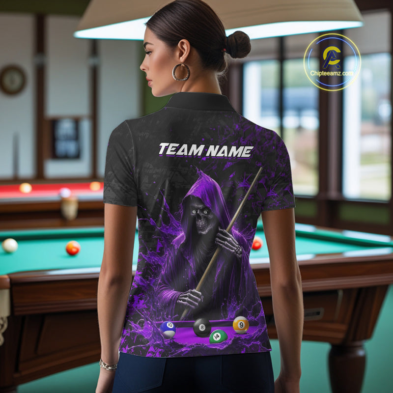 Woman Wearing Personalized Purple Grim Reaper 8 Ball 9 Ball Custom Pool Team Jersey Featuring the Complete Rear Graphic Design, Back View