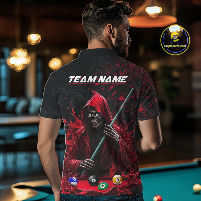 Man Wearing Personalized Red Grim Reaper 8 Ball 9 Ball Custom Pool Team Jersey Featuring the Complete Rear Graphic Design, Back View