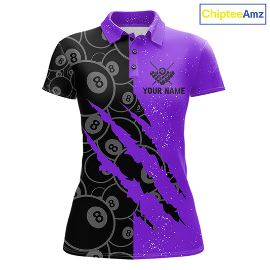 Custom Grunge Black Purple 8 Ball Pool Billiard Shirt For Women, Billiard Team Jersey Polo & 1/4 Zip TDM7294