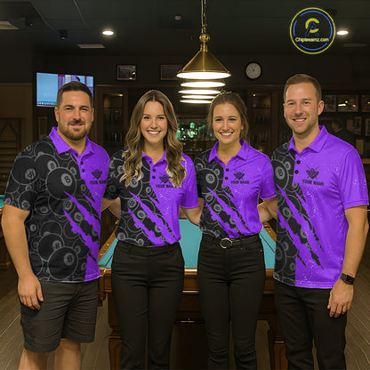 Custom Grunge Black Purple 8 Ball Pool Billiard Shirt For Women, Billiard Team Jersey Polo & 1/4 Zip TDM7294
