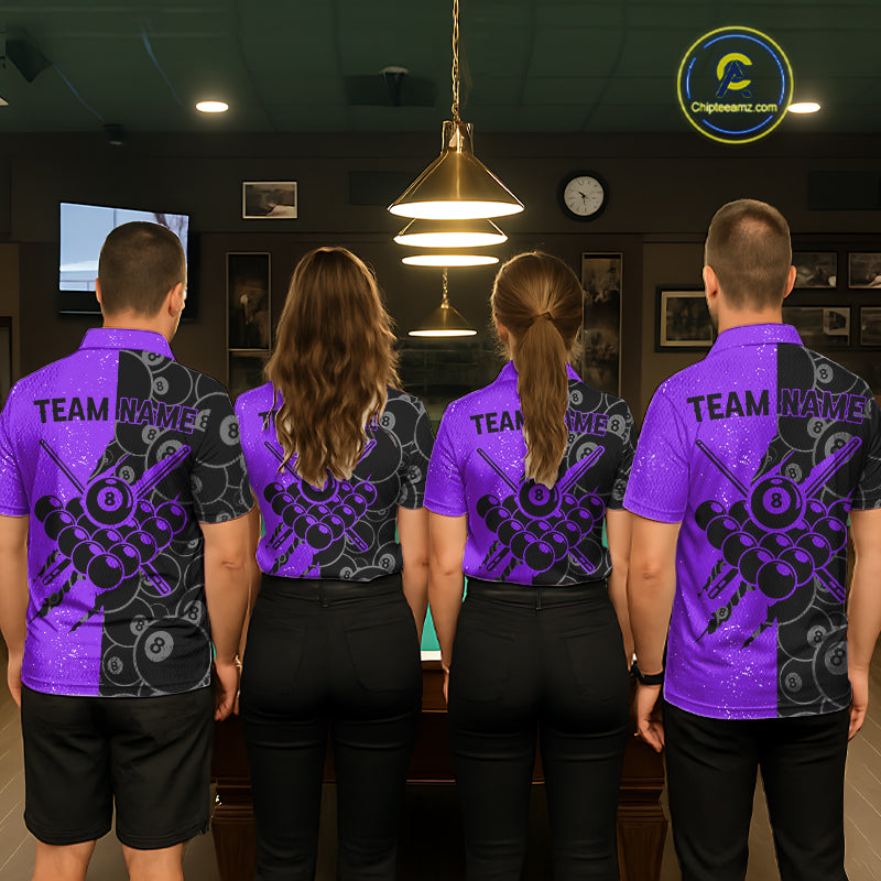 Custom Grunge Black Purple 8 Ball Pool Billiard Shirt For Women, Billiard Team Jersey Polo & 1/4 Zip TDM7294