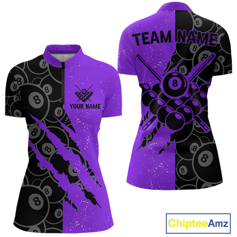Custom Grunge Black Purple 8 Ball Pool Billiard Shirt For Women, Billiard Team Jersey Polo & 1/4 Zip TDM7294