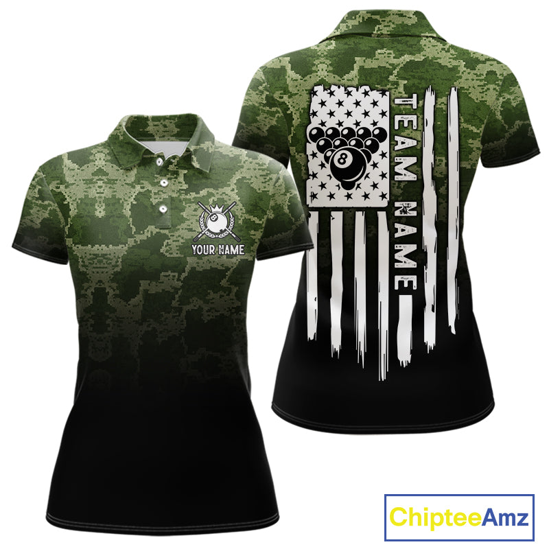 Black And Green Camo American Flag 8 Ball Billiard Shirt For Women Custom Patriotic Pool Team Jersey TDM5036