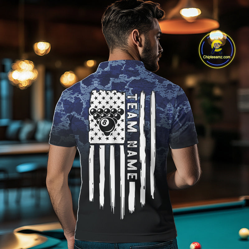 Black And Blue Camo American Flag 8 Ball Billiard Shirt For Men Custom Patriotic Pool Team Jersey TDM5037