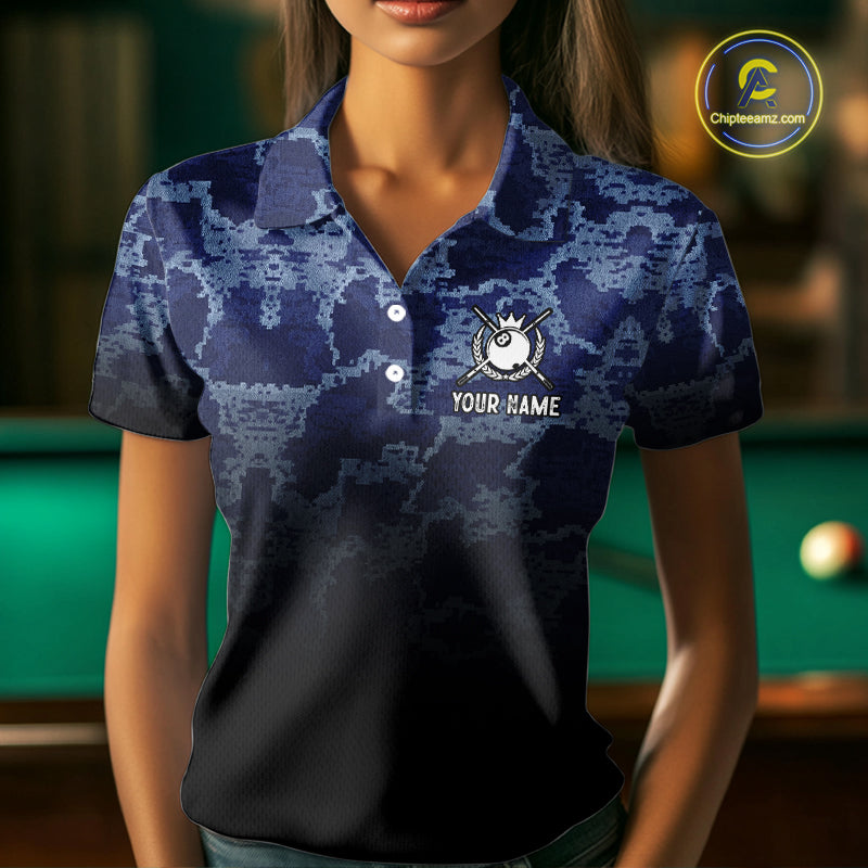 Black And Blue Camo American Flag 8 Ball Billiard Shirt For Women Custom Patriotic Pool Team Jersey TDM5037