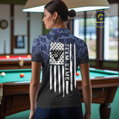Black And Blue Camo American Flag 8 Ball Billiard Shirt For Women Custom Patriotic Pool Team Jersey TDM5037