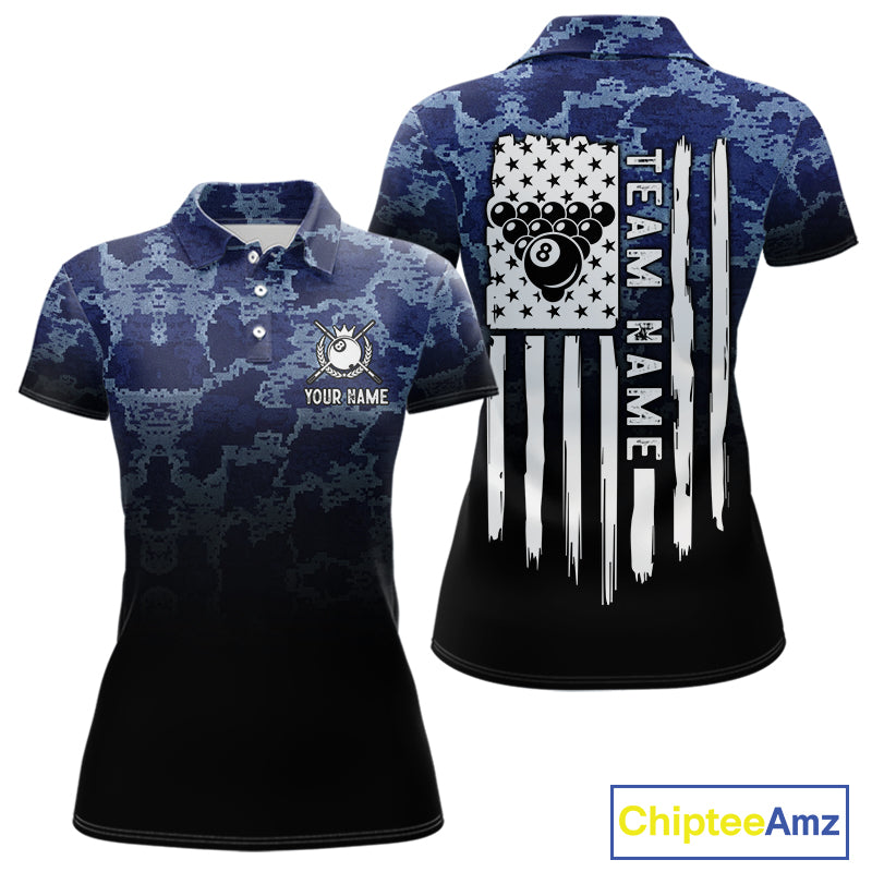 Black And Blue Camo American Flag 8 Ball Billiard Shirt For Women Custom Patriotic Pool Team Jersey TDM5037