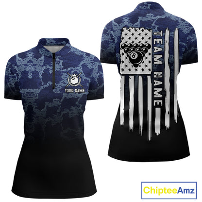 Black And Blue Camo American Flag 8 Ball Billiard Shirt For Women Custom Patriotic Pool Team Jersey TDM5037