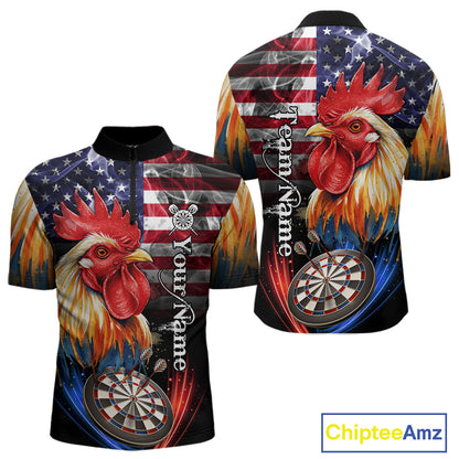 American Flag Smoke Rooster Darts Shirt For Men Custom Patriotic Darts Jersey Team Polo, 1/4 Zip TDM5257