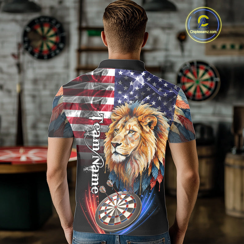 American Flag Smoke Lion Darts Shirt For Men Custom Patriotic Darts Jersey Team Polo, 1/4 Zip TDM5258