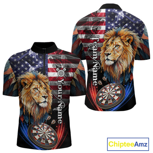 American Flag Smoke Lion Darts Shirt For Men Custom Patriotic Darts Jersey Team Polo, 1/4 Zip TDM5258