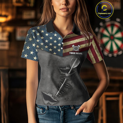 Personalized American Flag Steel Tip Dart Polo & 1/4 Zip For Women Custom Patriotic Darts Jersey TDM5260