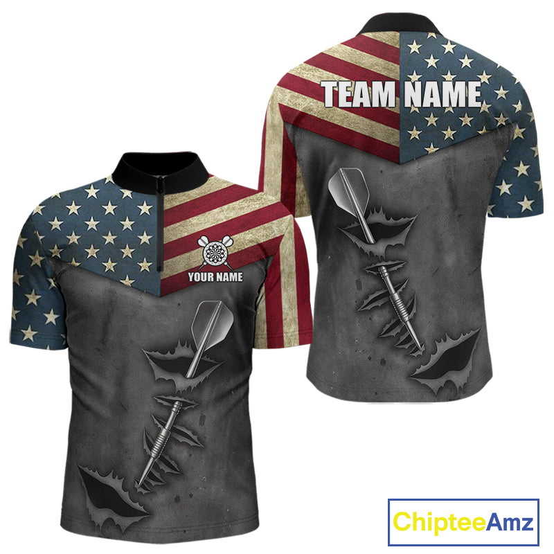 Personalized American Flag Steel Tip Dart Polo & 1/4 Zip For Men Custom Patriotic Darts Jersey TDM5260