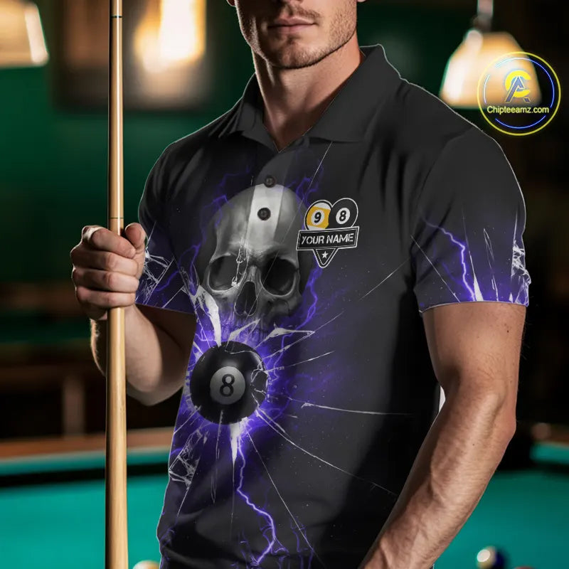 Purple Billiard 8 Ball & 9 Ball Skull Pool Shirt For Men Custom Glass Break Billiard Team Jersey TDM5514