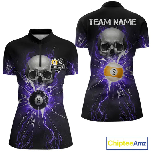 Purple Billiard 8 Ball & 9 Ball Skull Pool Shirt For Women Custom Glass Break Billiard Team Jersey TDM5514
