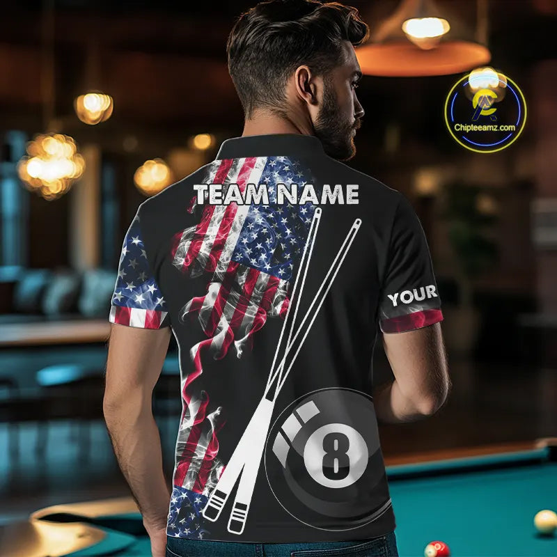 Personalized US Flag Smoke 8 Ball Pool Billiard Shirt For Men Custom Patriotic Billiard Team Jersey TDM5516