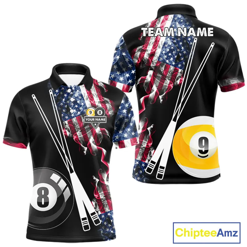 American Flag Smoke 8 Ball & 9 Ball Pool Billiard Shirt For Men Custom Patriotic Billiard Jersey TDM5517